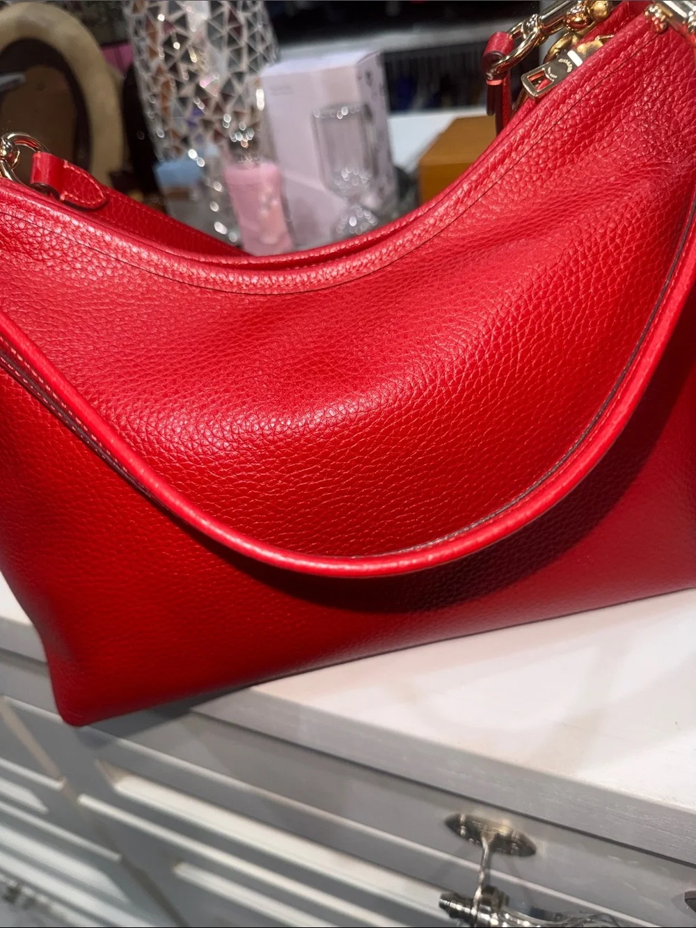 Coach Red Pebbled Leather Shoulder Bag and will include link chain & charm